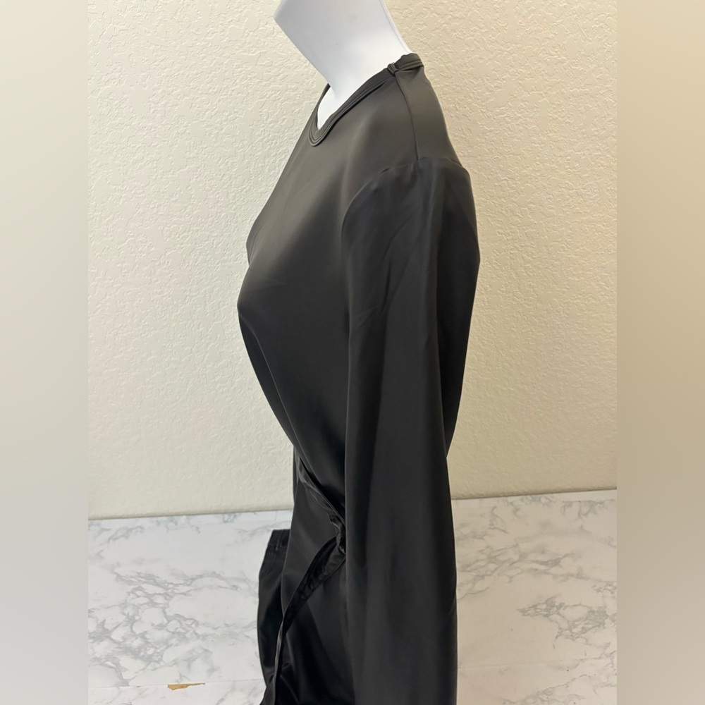 Black Faux Leather Strapless Mini Dress L Pullover Belted Long Sleeve - Picture 2 of 5